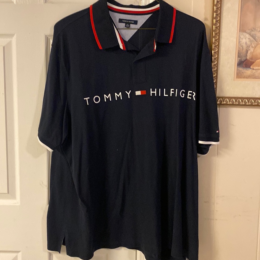 Navy blue two button polo shirt.
